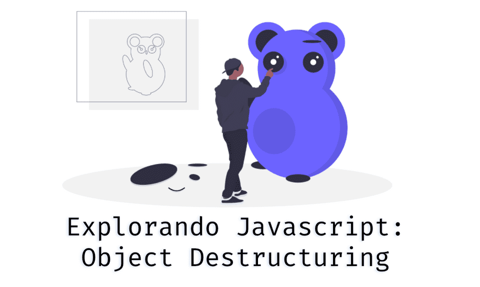 Desenho de um homem usando boné para trás tentando construir um animal que parece ser um urso ou coala, seguindo uma imagem do resultado final que está atras do homem num quadro. O animal é roxo com orelhas e dois olhos, o restante das peças do animal está no chão.