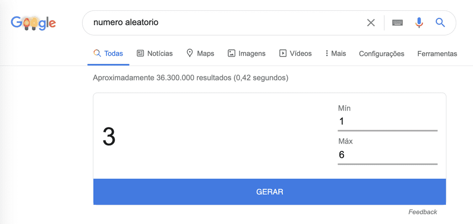 Captura de tela do google quando procura por: numero aleatório. Google mostra uma aplicação simples para gerar números aleatórios com os números inseridos. Na imagem o numero mínimo foi 1 e o numero máximo foi 3. Com um botão GERAR que sorteou o numero 3