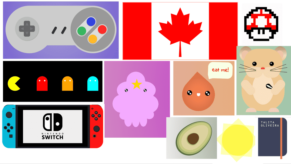Desenhos de: gamepad de supernintendo, bandeira do Canadá, cogumelo vermelho do Mário em 8bit, pacman e 3 fantasmas, Princesa Caroço, Coxinha, Hamster, Abacate, Sol, caderno, nintendo switch. Desenhos de: gamepad de supernintendo, bandeira do Canadá, cogumelo vermelho do Mário em 8bit, pacman e 3 fantasmas, Princesa Caroço, Coxinha, Hamster, Abacate, Sol, caderno, nintendo switch.