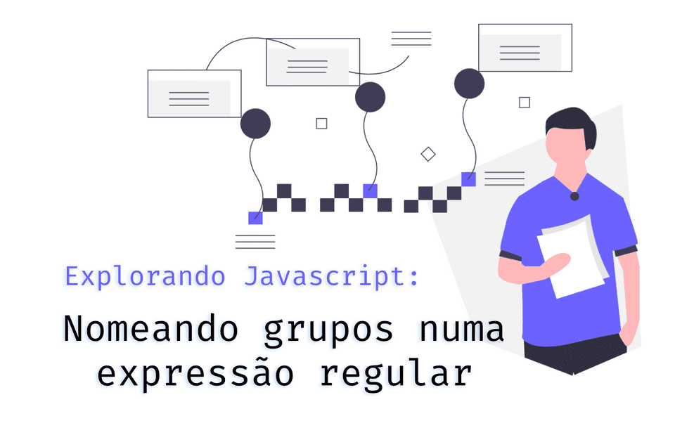 Imagem de uma pessoa de cabelo curto segurando alguns papéis, no fundo 3 retagulos com algum conteúdo dentro representado por texto não legível. Os triangulos estão conectados com varios quadrados que estão abaixo deles. Imagem de uma pessoa de cabelo curto segurando alguns papéis, no fundo 3 retagulos com algum conteúdo dentro representado por texto não legível. Os triangulos estão conectados com varios quadrados que estão abaixo deles.