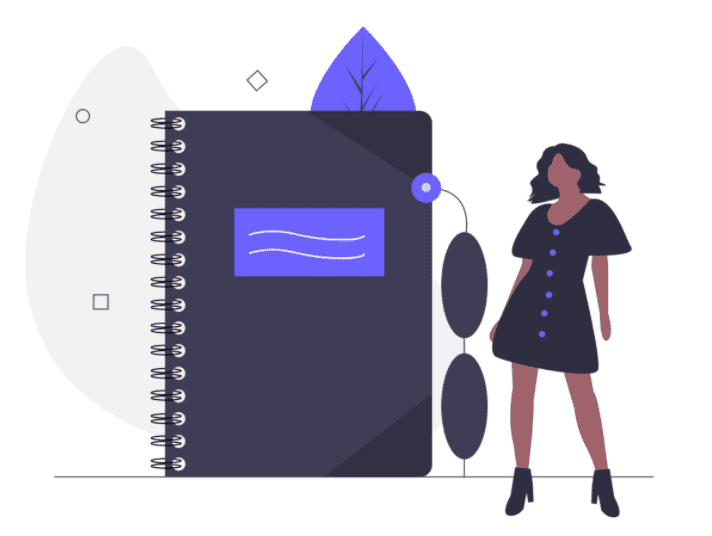 Ilustração de uma mulher e um caderno do tamanho dela. Caderno do lado esquerdo e mulher do lado direito. Caderno de espiral, mulher usando um vestido preto.