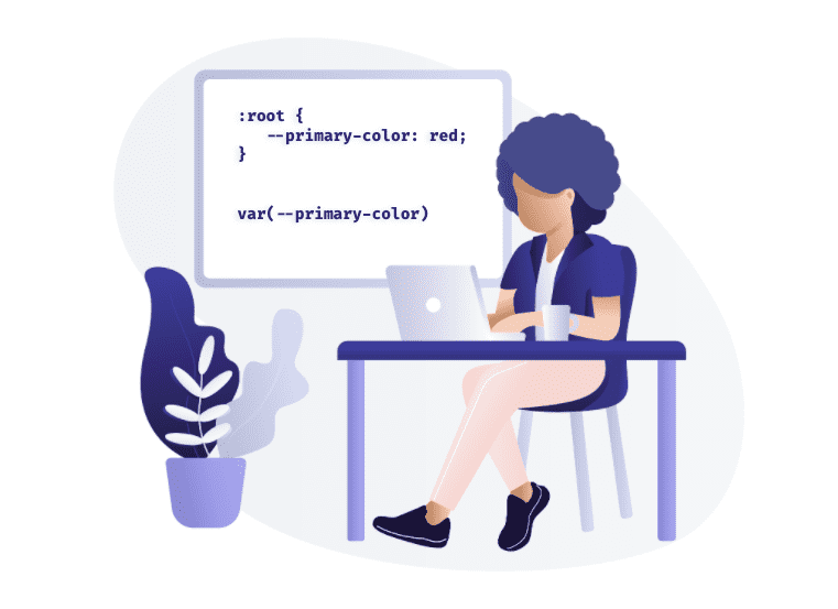 Desenho com uma mulher usando laptop e um quadro atras com codigos