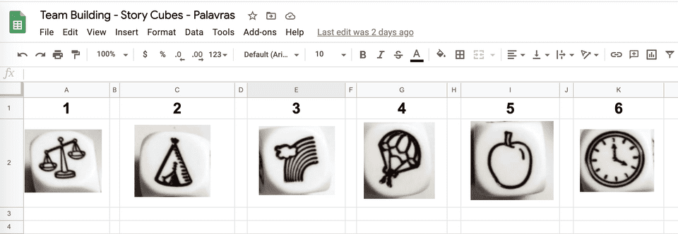 Captura de tela do Google Sheets com 6 colunas, cada coluna com uma imagem e a numeração de 1 a 6 e 6 imagens. Imagem 1: balança. Imagem 2: oca. Imagem 3: arco íris. Imagem 4: pessoa de paraquedas. Imagem 5: maçã. Imagem 6: relógio